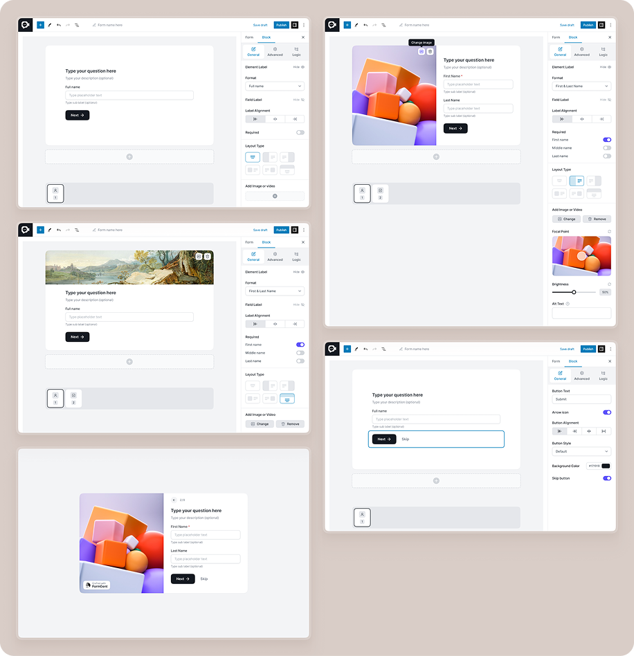 FormGent multi-step conversational form builder screens